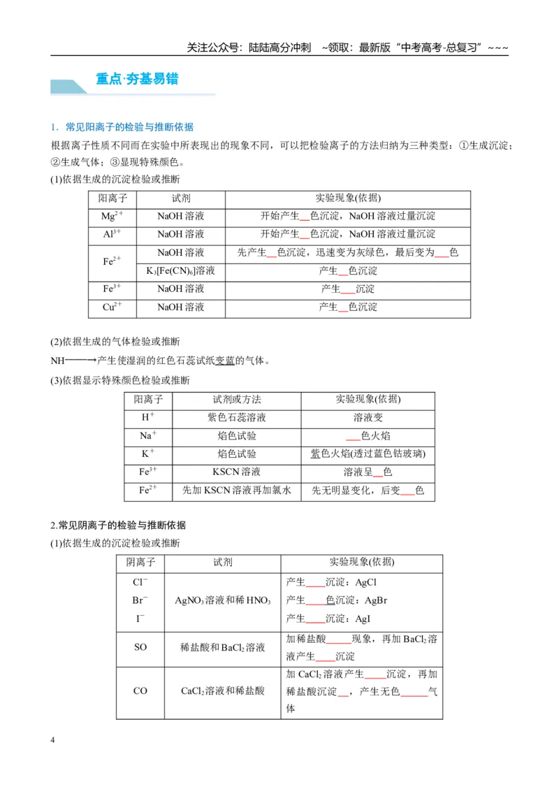 《（重点·方法·点拨）第06讲离子共存、离子检验与推断-（学生版）_05-化学-高考总复习_一轮复习_2026年-化学高考一轮复习_2026年高考化学大一轮复习卓越讲义重难点-G355_资料》第4页预览