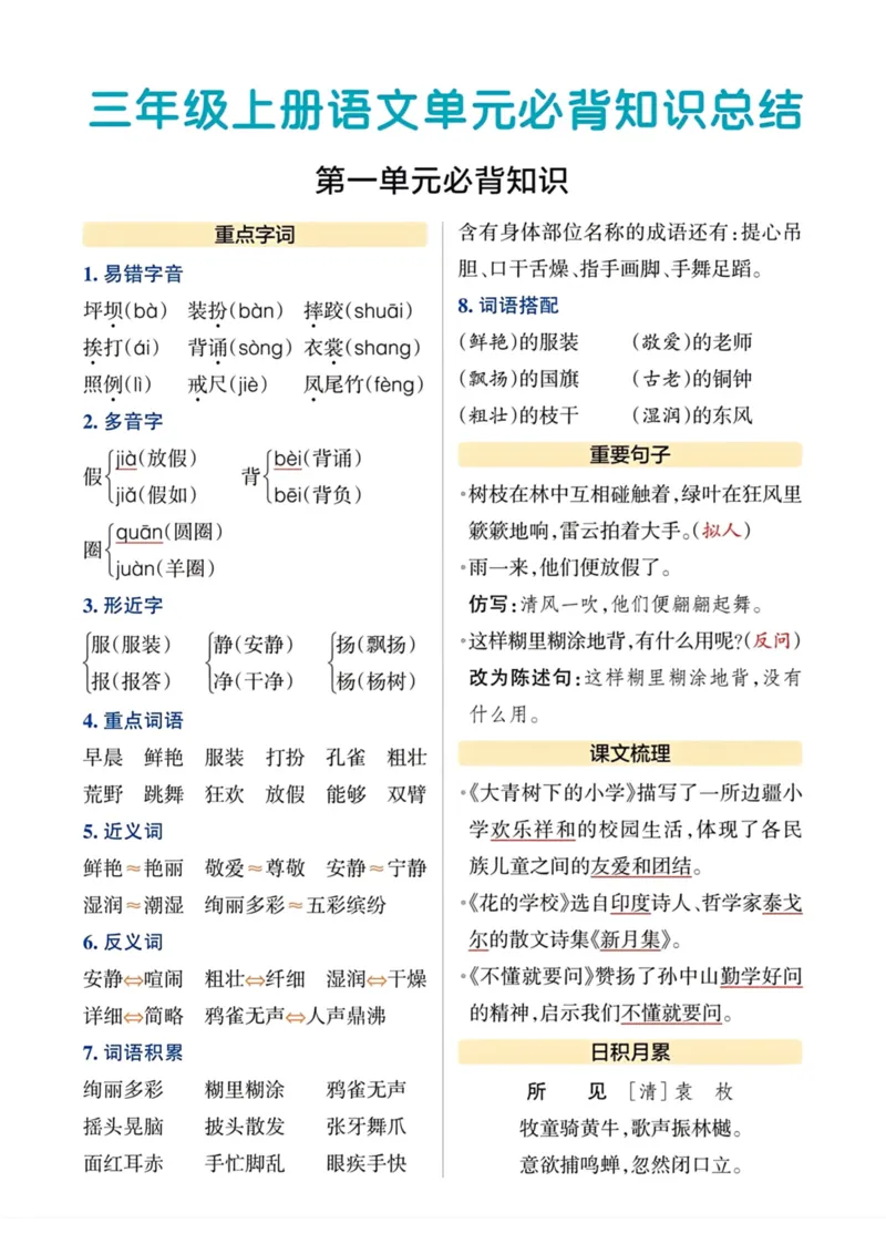 《三年级语文上册单元必背知识总结_小学1-6年级全科全套_1-6年级全科上册_三年级_语文_语文三上单元知识点》第1页预览