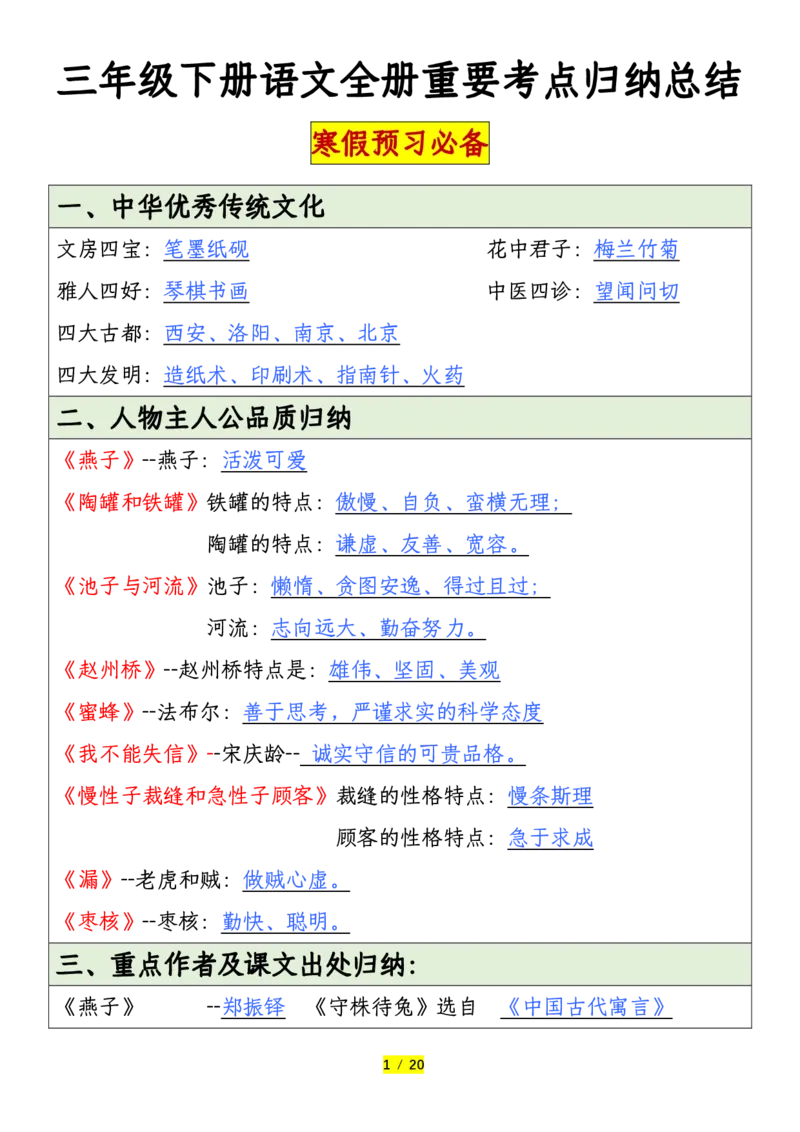《三年级下册语文全册重要考点归纳总结_小学1-6年级全科全套_1-6年级全科下册_三年级_其他补充资料_热门资料_语文》第1页预览