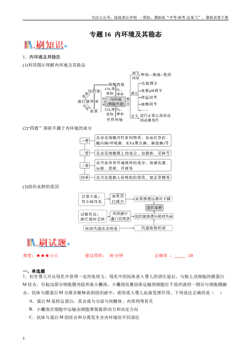 《专题16内环境及其稳态（原卷版）_06-生物-高考总复习_专项复习_2024年_2024年高考生物经典小题必刷_资料》第1页预览