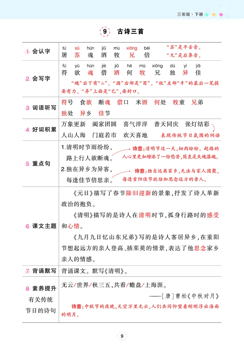 《三年级下册状元语文笔记（背记清单）_小学1-6年级全科全套_1-6年级全科下册_三年级_三年级下语文_语文三下每课考点总结》第9页预览