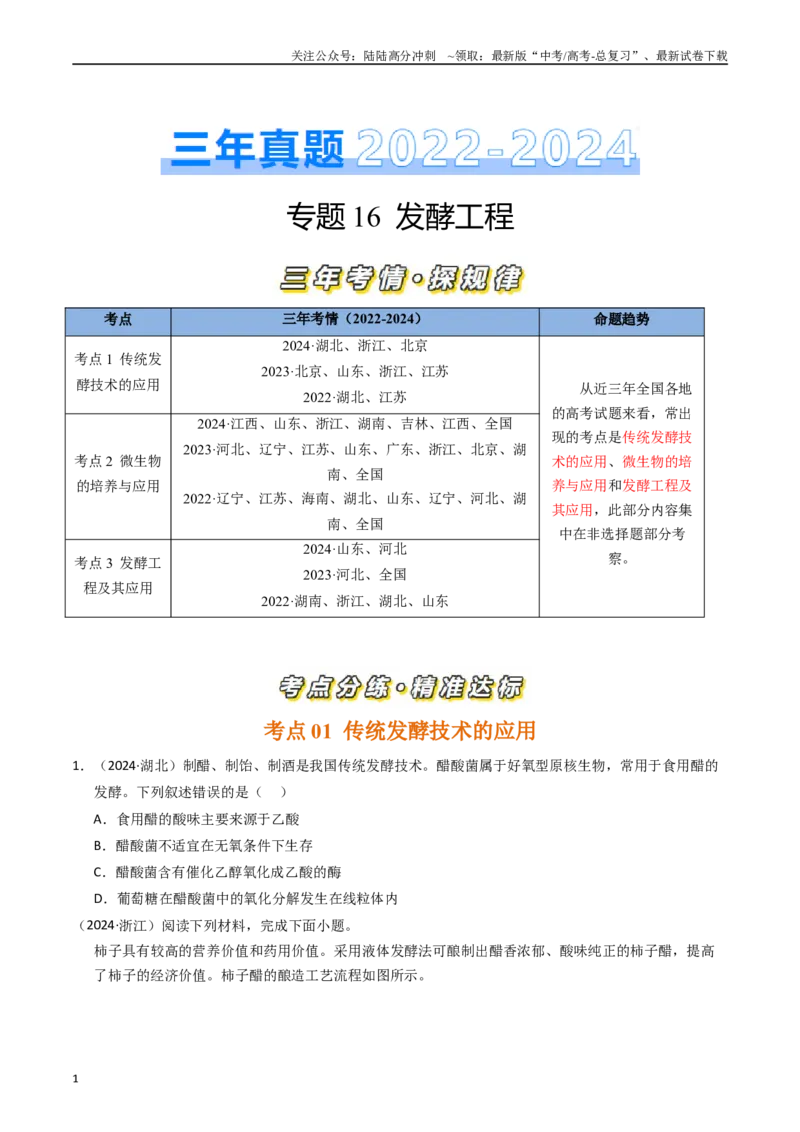 《专题16发酵工程（原卷版）_06-生物-高考总复习_专项复习_2025年_五年2020-2024高考真题分类汇编生物真题分类汇编（全国通用）》第1页预览