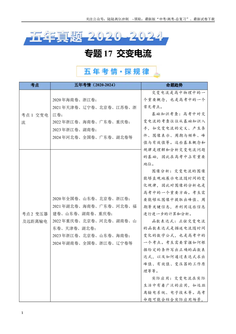 《专题17交变电流（原卷版）_04-物理-高考总复习_专项复习_2024年_2024年高考物理真题分类汇编（全国通用）》第1页预览