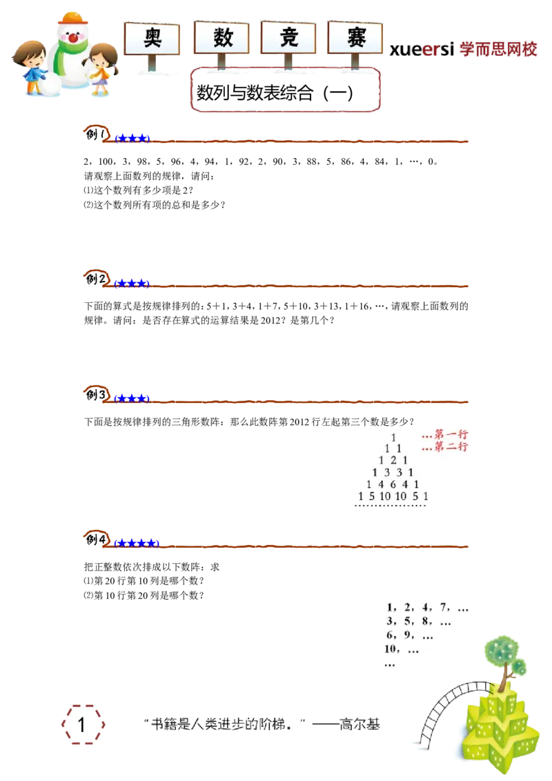 《数列与数表综合（一）_小学1-6年级全科全套_2024更新专题_小学奥数专题资料_7、精品课程合集_学而思小学1-6年级奥数竞赛班视频课程285讲_四年级奥数（竞赛班）60讲》第1页预览