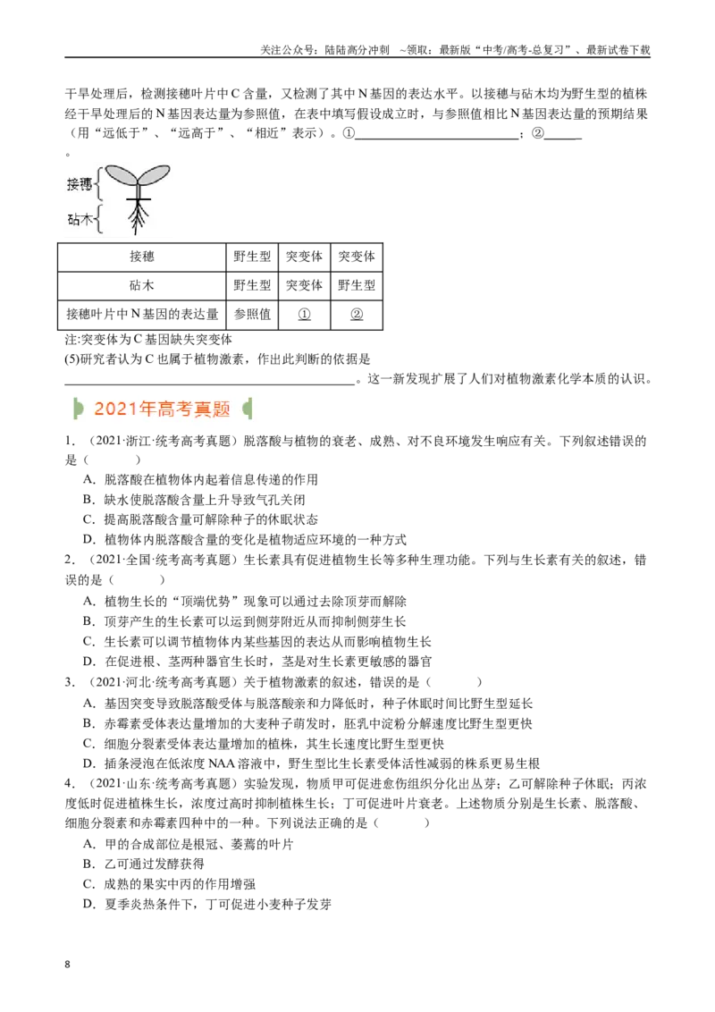 《专题15植物的生命活动调节（原卷版）_06-生物-高考总复习_专项复习_2024年_2024年新高考生物复习热点考点真题模拟题必刷题练_资料》第8页预览