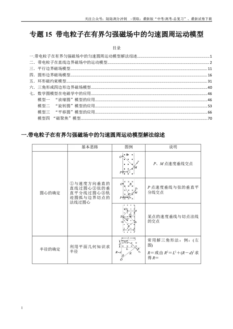 《专题15带电粒子在有界匀强磁场中的匀速圆周运动模型（学生版）_04-物理-高考总复习_专项复习_2025年_2025年高中高考物理模型与方法_资料_10高考物理热点模型与方法归纳（一轮）》第1页预览