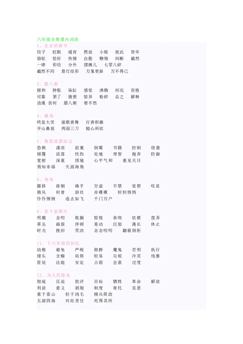 《语文6年级下册课内词语全册汇总_小学1-6年级全科全套_1-6年级全科下册_六年级_语文_语文六下知识汇总》第1页预览