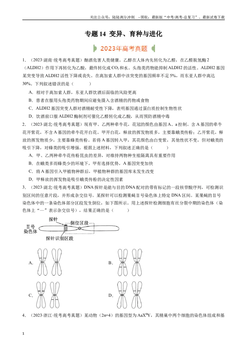《专题14变异、育种与进化（原卷版）_06-生物-高考总复习_专项复习_2024年_2024年新高考生物复习热点考点真题模拟题必刷题练_资料》第1页预览