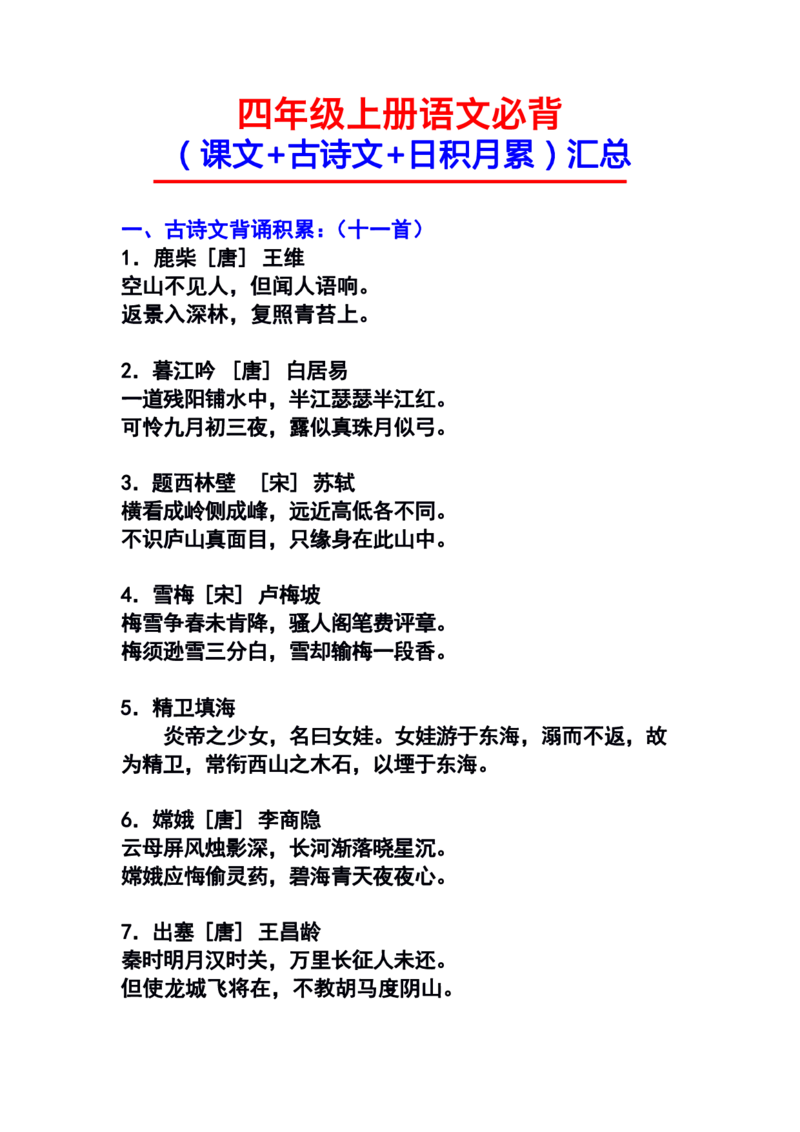 《四年级上册部编版语文必背内容汇总(1)(1)_小学1-6年级全科全套_1-6年级全科上册_四年级_0、四上综合_四上综合暑假大礼包》第1页预览