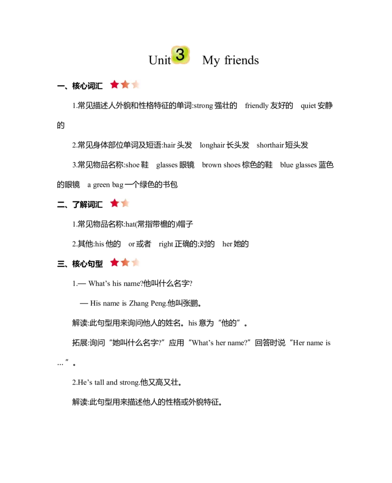 《四（上）人教PEP版：Unit3知识清单_小学1-6年级全科全套_1-6年级全科上册_四年级_四上英语_四上英语人教版PEP英语重点与练习》第1页预览
