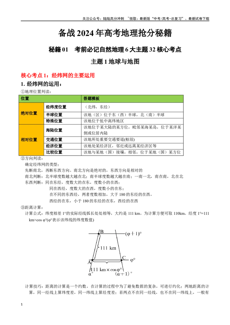 《秘籍01考前必记自然地理核心考点（6大主题32个核心考点）-（新高考专用）_07-地理-高考总复习_专项复习_2024年_2024年高考考地理考前冲刺》第1页预览