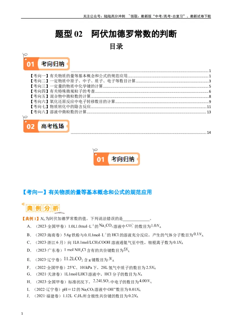 《题型02阿伏加德罗常数的判断（原卷版）_05-化学-高考总复习_二轮复习_2024年_2024年新高考化学二轮复习热点题型归纳与变式演练》第1页预览