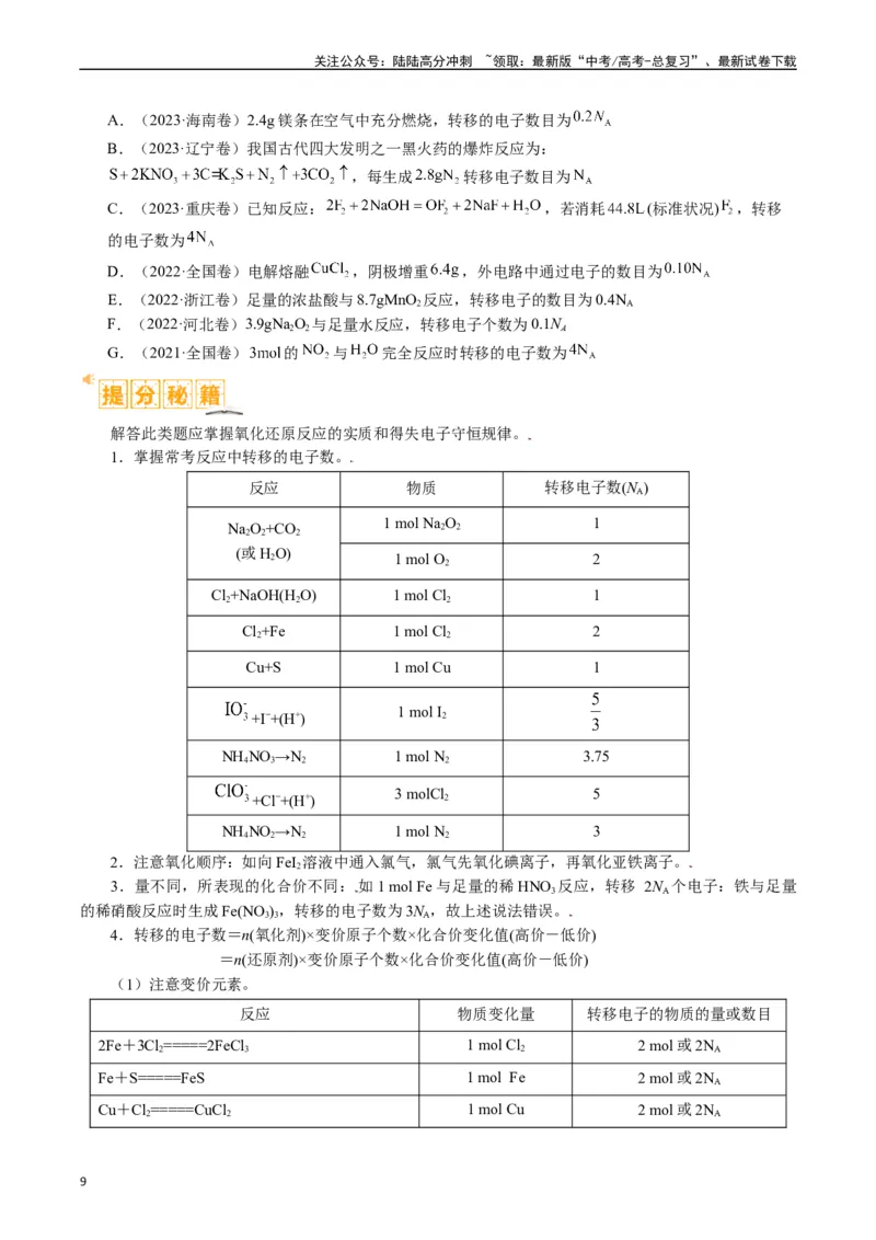 《题型02阿伏加德罗常数的判断（原卷版）_05-化学-高考总复习_二轮复习_2024年_2024年新高考化学二轮复习热点题型归纳与变式演练》第9页预览
