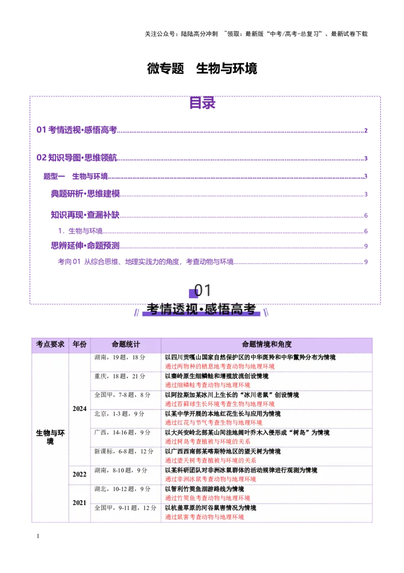 《微专题生物与环境（讲义）（教师版）_07-地理-高考总复习_二轮复习_2025年_2025年高考地理二轮复习课件+讲义+练习（新高考通用）_专题6自然地理环境的整体性与差异性》第1页预览