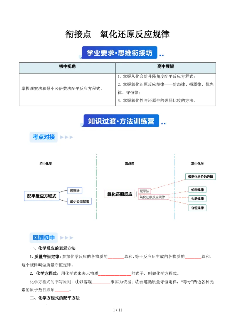 《衔接点氧化还原反应规律（原卷版）_小初高学习资料合集（每天更新）_2026年7月高中化学试题汇编_0722化学_氧化还原反应规律--新高一化学》第1页预览