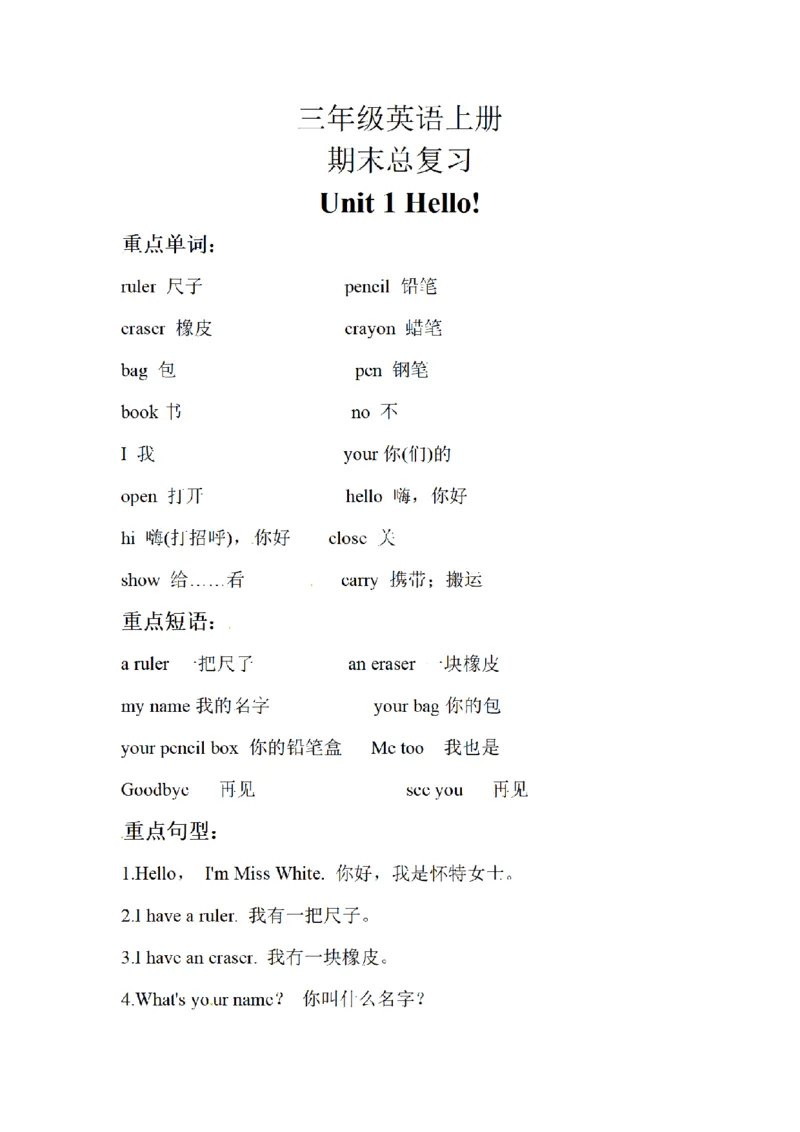 《三（上）英语（人教版PEP）Unit1-6知识梳理+巩固练习_小学1-6年级全科全套_1-6年级全科上册_三年级_英语_A三年级英语（人教PEP）_人教PEP英语三上知识总结》第1页预览