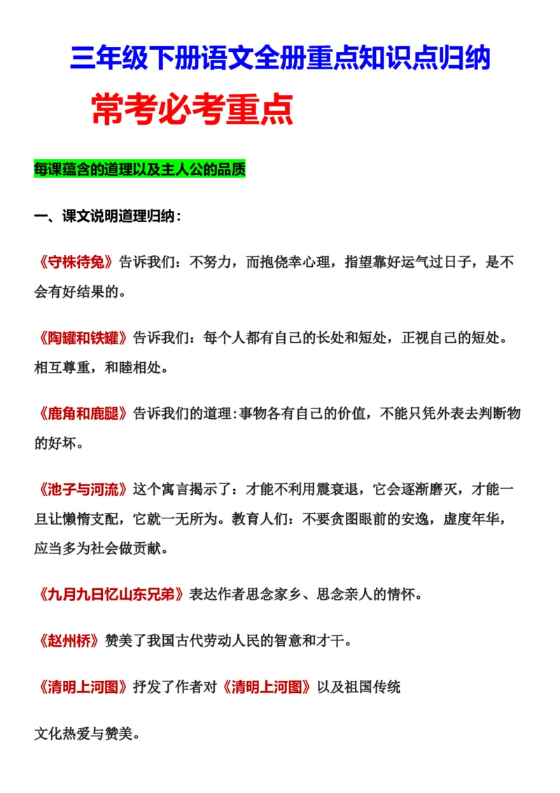 《三年级下册语文全册重点知识点归纳(1)_小学1-6年级全科全套_1-6年级全科下册_三年级_三年级下语文_语文三下课前预习专项》第1页预览