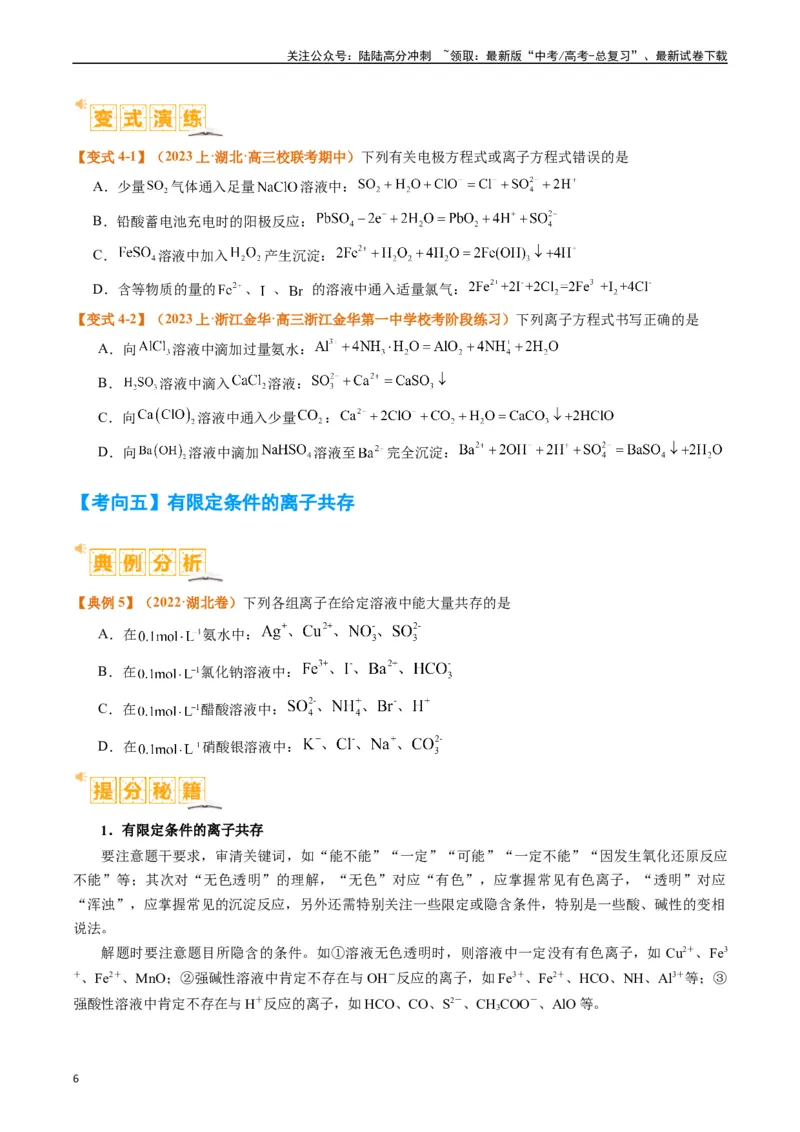 《题型03离子方程式正误判断离子共存、检验和推断（原卷版）_05-化学-高考总复习_二轮复习_2024年_2024年新高考化学二轮复习热点题型归纳与变式演练》第6页预览
