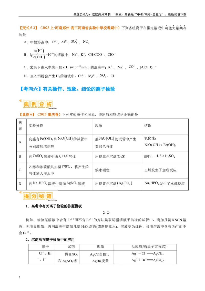 《题型03离子方程式正误判断离子共存、检验和推断（原卷版）_05-化学-高考总复习_二轮复习_2024年_2024年新高考化学二轮复习热点题型归纳与变式演练》第8页预览