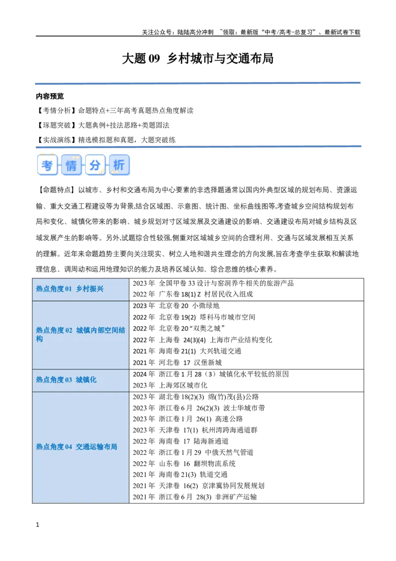 《大题09乡村城市与交通布局（4大热点角度）（原卷版）_07-地理-高考总复习_专项复习_2024年_2024年新高考地理大题突破限时集训大题专题精做_资料》第1页预览