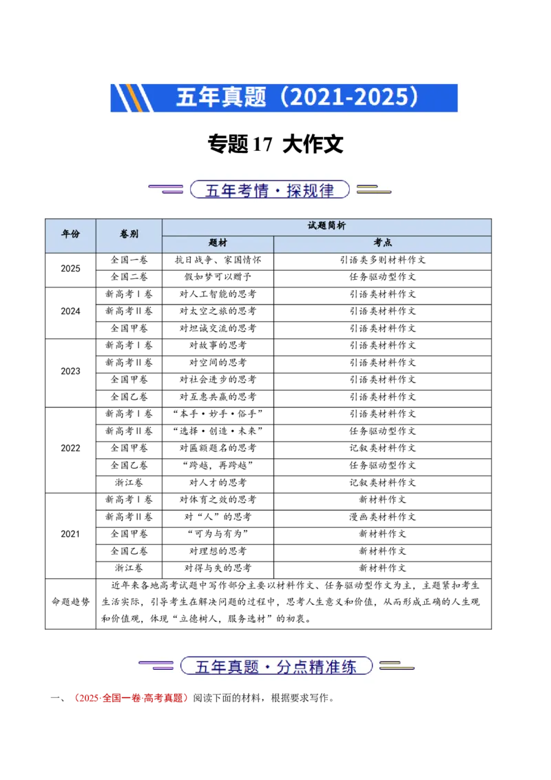 《专题17大作文（全国通用）（学生版）_专项复习_2026年-语文专项复习_五年（2021-2025）高考语文真题分类汇编（全国通用）-C438》第1页预览