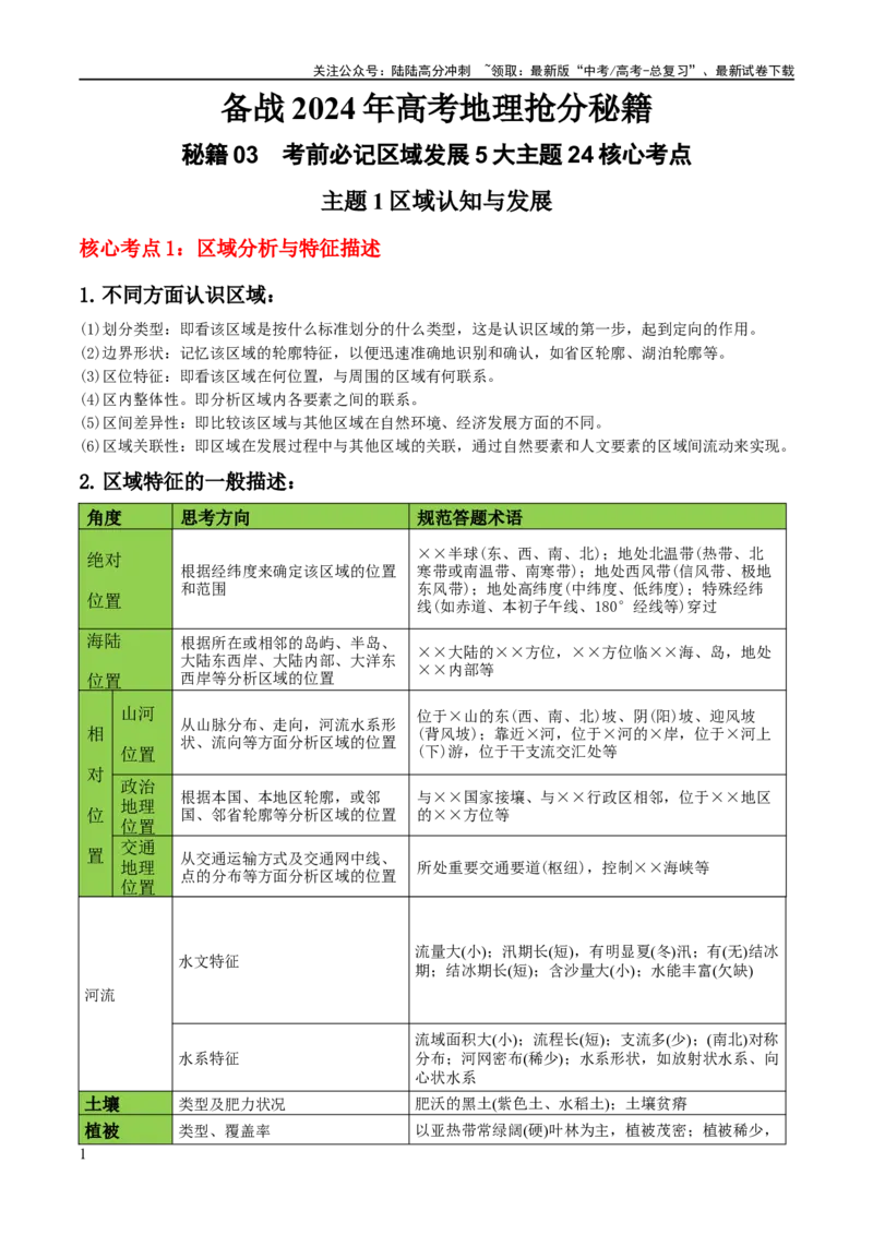 《秘籍03考前必记区域发展核心考点（5大主题24核心考点）（新高考专用）_07-地理-高考总复习_专项复习_2024年_2024年高考地理抢分秘籍（新高考专用）》第1页预览