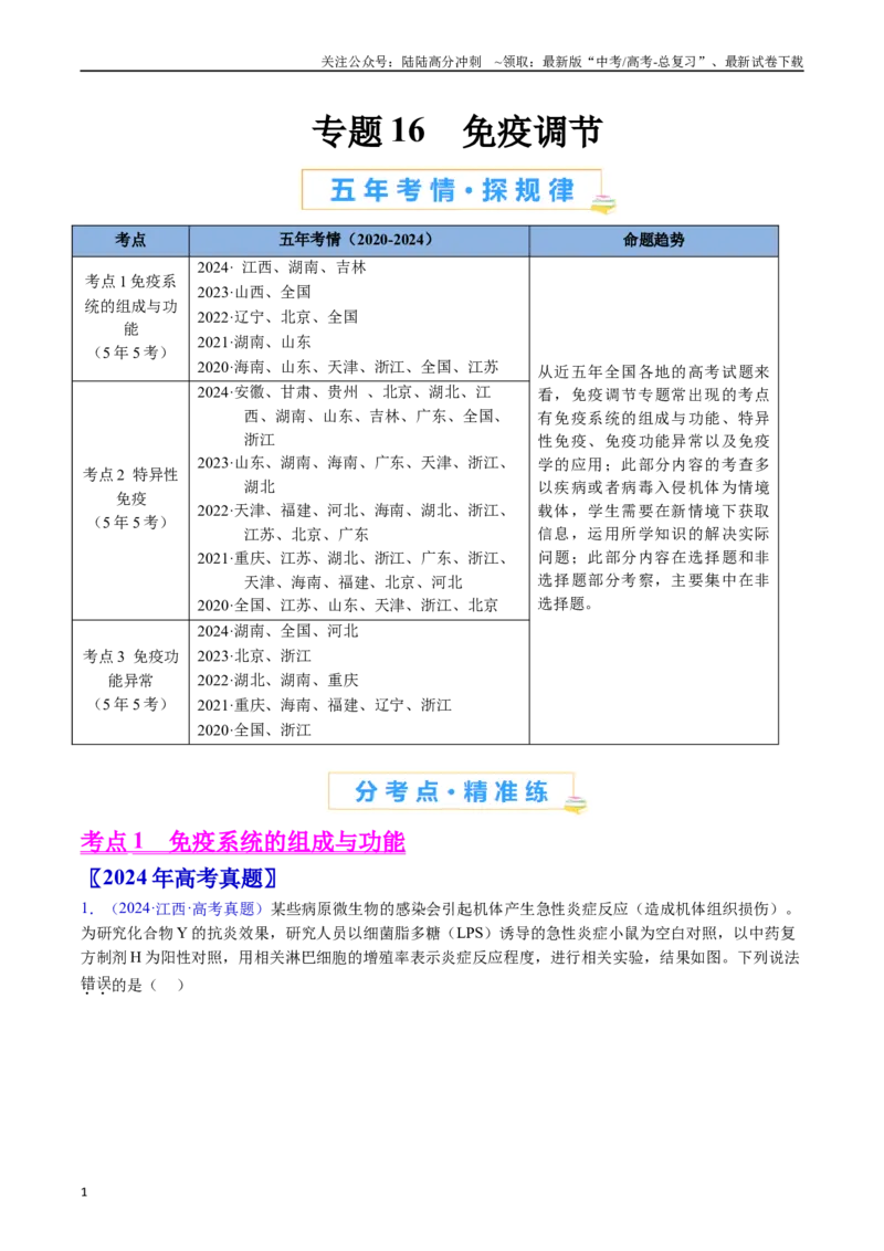 《专题16免疫调节（全国通用）（解析版）_06-生物-高考总复习_专项复习_2024年_2024年高考生物真题分类汇编（全国通用）》第1页预览