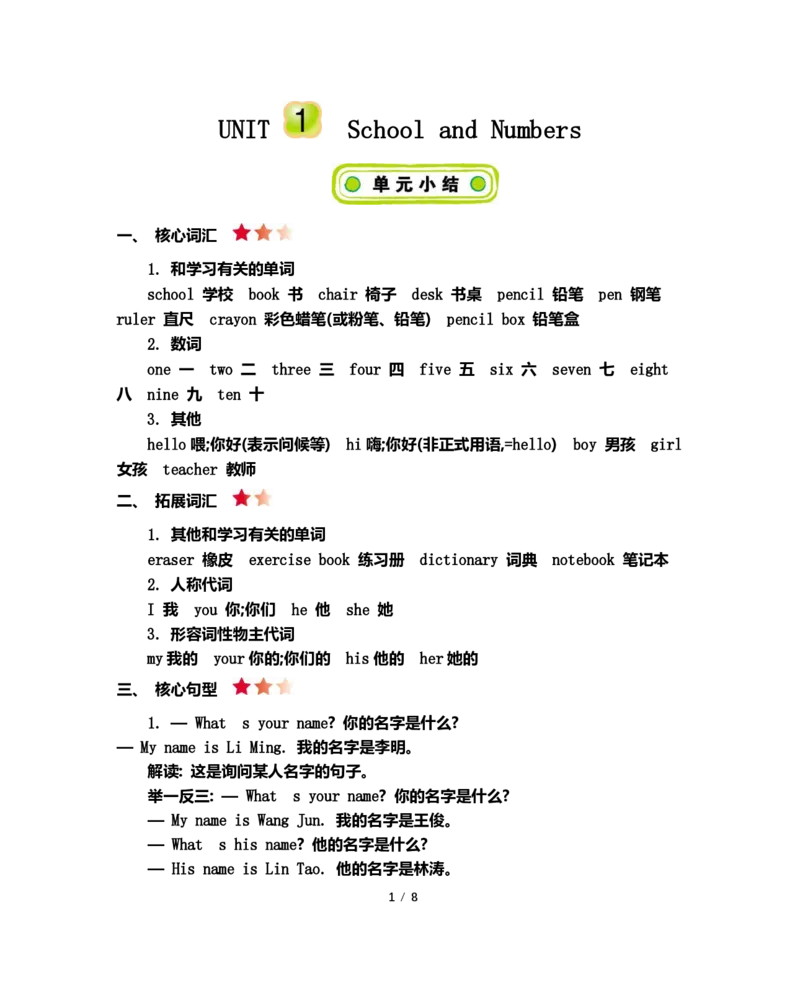 《三（上）英语（冀教版）知识点归纳_小学1-6年级全科全套_1-6年级全科上册_三年级_英语_A三年级英语（冀教版）_冀教英语三上知识总结》第1页预览