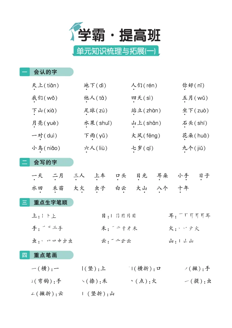 《语文1上知识梳理_小学1-6年级全科全套_1-6年级全科上册_一年级_语文_语文一上单元考点归纳》第1页预览