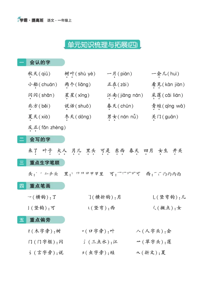 《语文1上知识梳理_小学1-6年级全科全套_1-6年级全科上册_一年级_语文_语文一上单元考点归纳》第7页预览