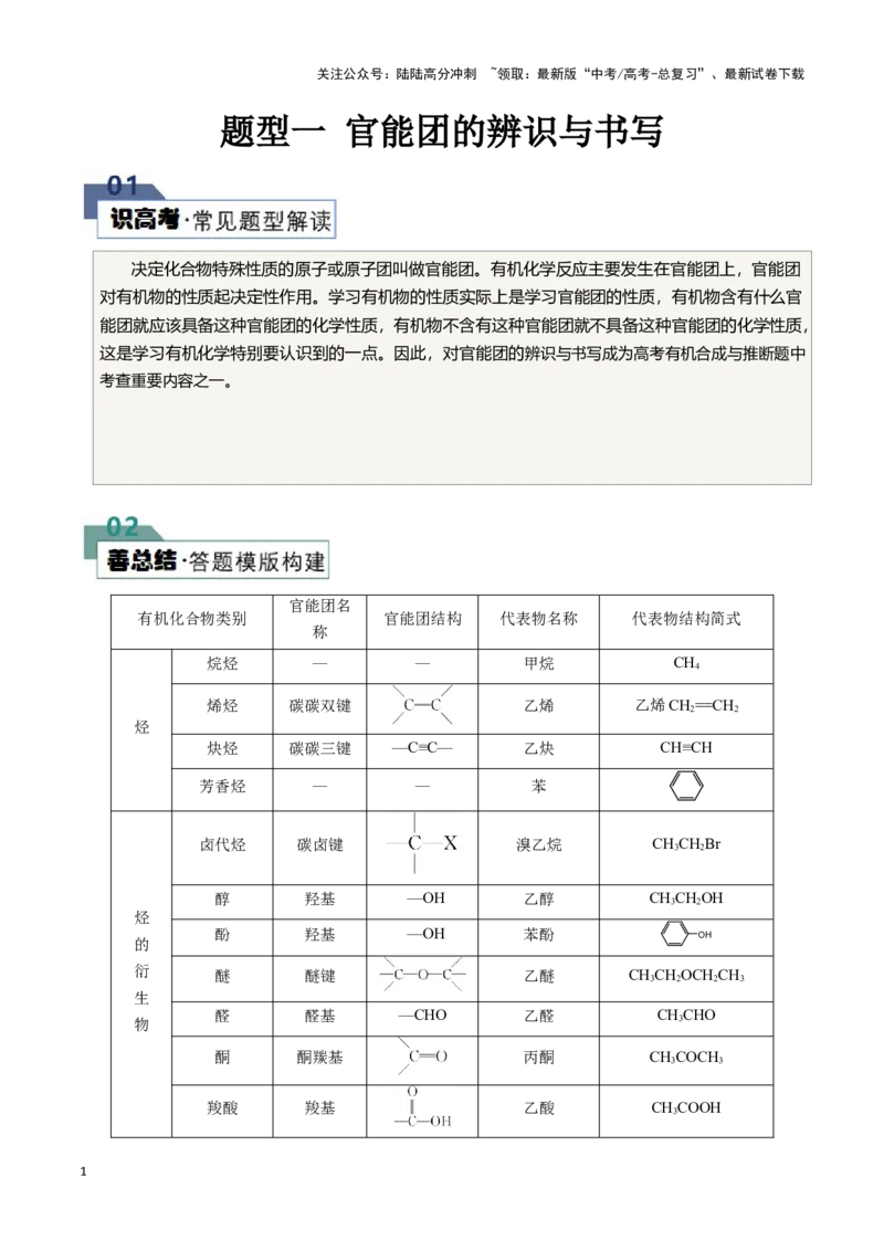 《题型一官能团的辨识与书写(解析版)_05-化学-高考总复习_专项复习_2024年_2024年高考化学答题技巧与模板构建》第1页预览