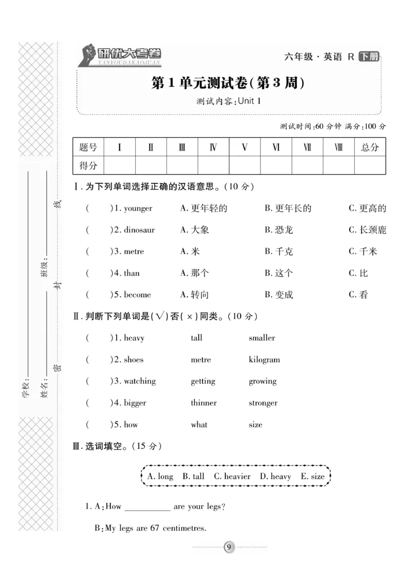 《《研优-大考卷》英语六年级下册（R）_小学1-6年级全科全套_1-6年级全科下册_六年级_英语_英语六下人教PEP版》第9页预览