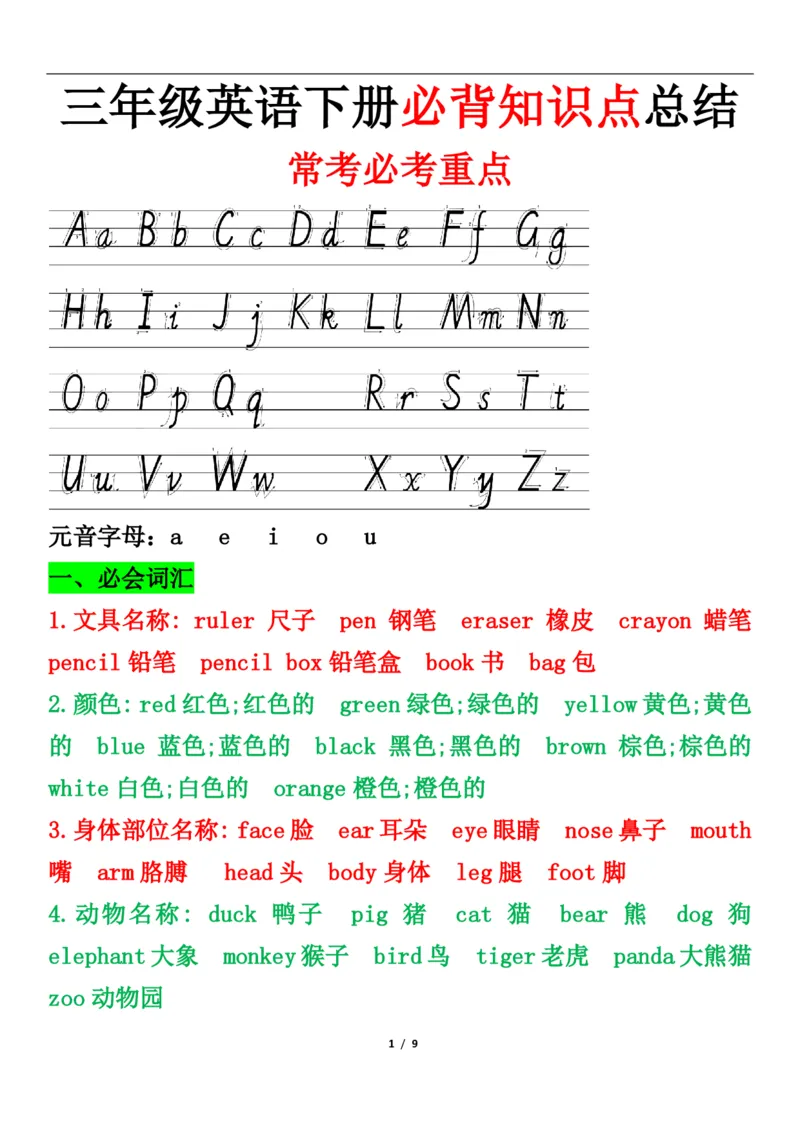 《小学英语人教版（PEP）三年级英语下册必背知识点总结_小学1-6年级全科全套_1-6年级全科下册_三年级_三年级下英语_英语三下人教PEP版》第1页预览