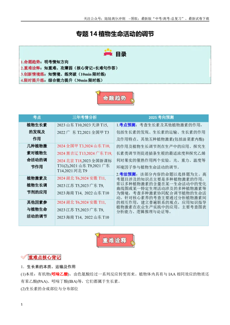 《专题14植物生命活动的调节（解析版）_06-生物-高考总复习_专项复习_2025年_2025年高考生物重难点讲义专练（新高考通用）》第1页预览