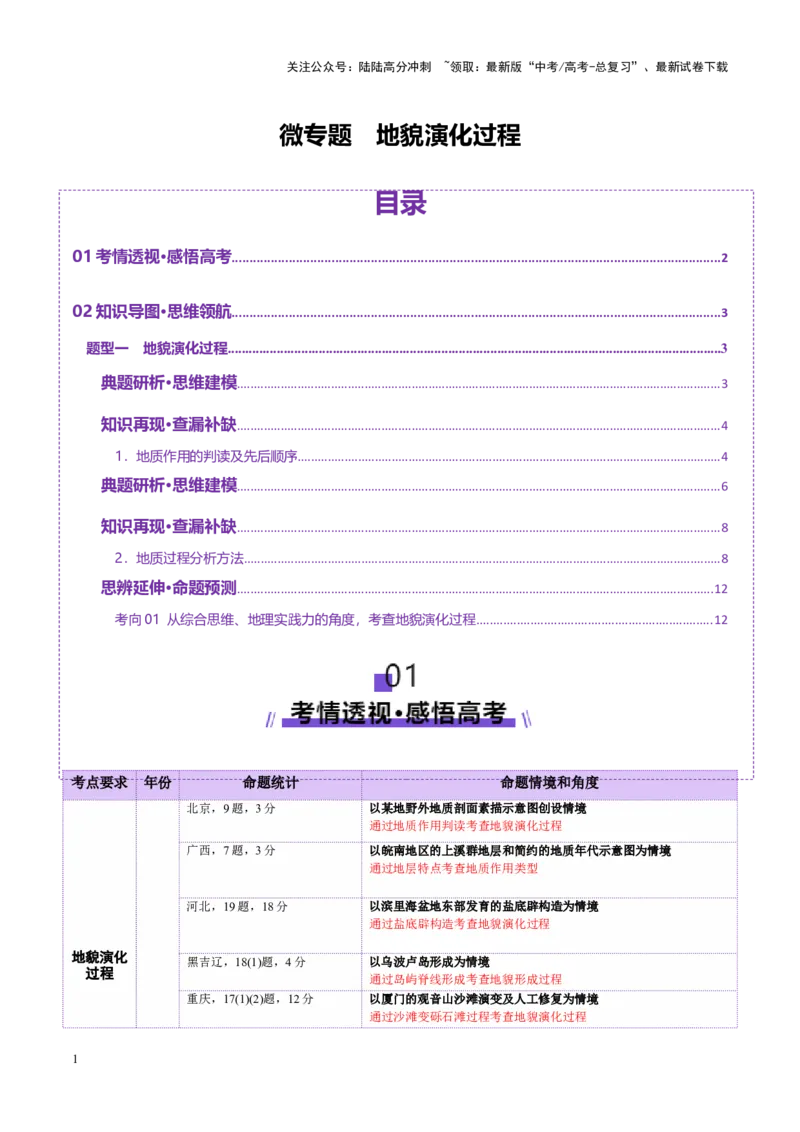《微专题地貌演化过程（讲义）（教师版）_07-地理-高考总复习_二轮复习_2025年_2025年高考地理二轮复习课件+讲义+练习（新高考通用）_专题5地质地貌》第1页预览