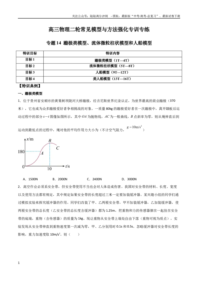《专题14蹦极类模型、流体微粒柱状模型和人船模型（学生版）_04-物理-高考总复习_二轮复习_2025年_2025年高三物理二轮常见模型与方法强化专训专练+选择题助力（多地区）_资料》第1页预览