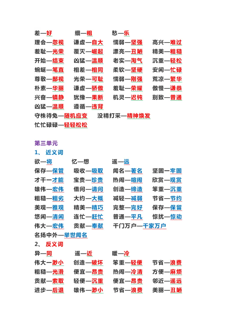 《三年级下册近反义词汇总（背诵版）2.5_小学1-6年级全科全套_1-6年级全科下册_三年级_三年级下语文_语文三下各类考点归纳》第2页预览