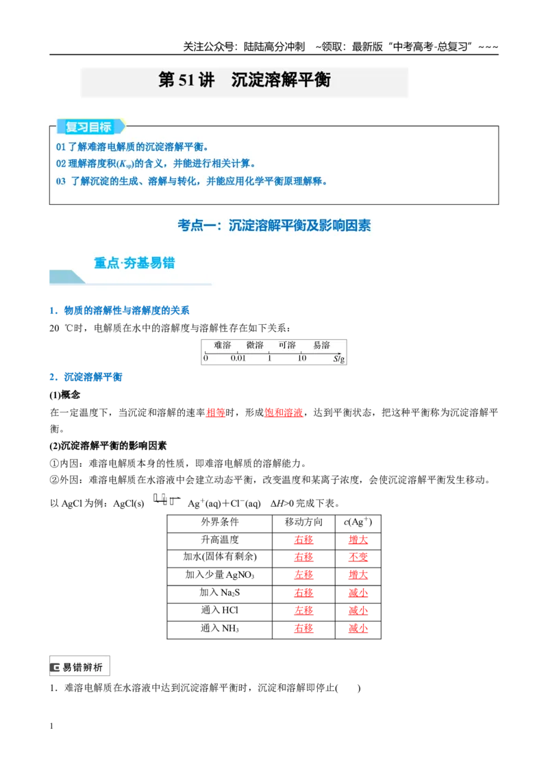 《（重点·方法·点拨）第51讲沉淀溶解平衡-（教师版）_05-化学-高考总复习_一轮复习_2026年-化学高考一轮复习_2026年高考化学大一轮复习卓越讲义重难点-G355_资料》第1页预览