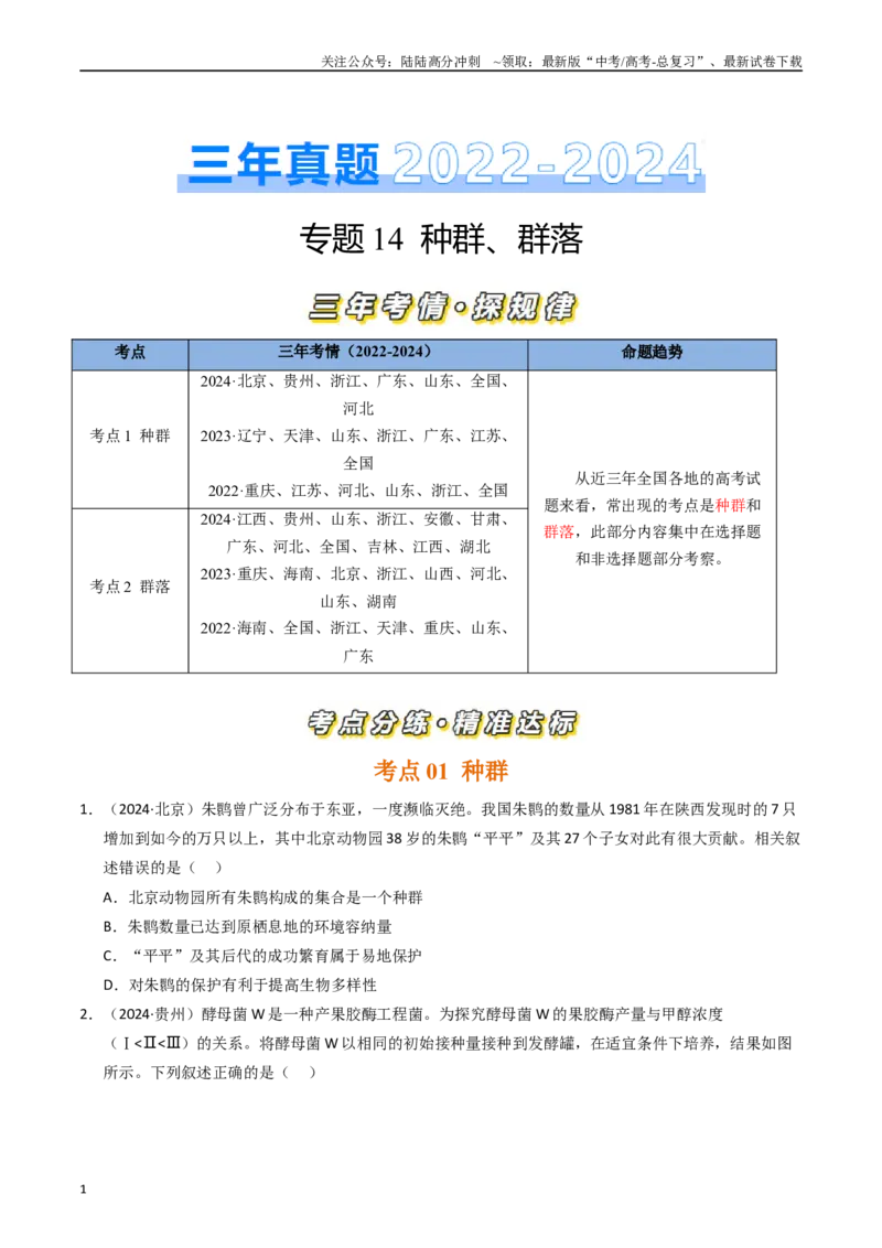 《专题14种群、群落（原卷版）_06-生物-高考总复习_专项复习_2025年_五年2020-2024高考真题分类汇编生物真题分类汇编（全国通用）》第1页预览