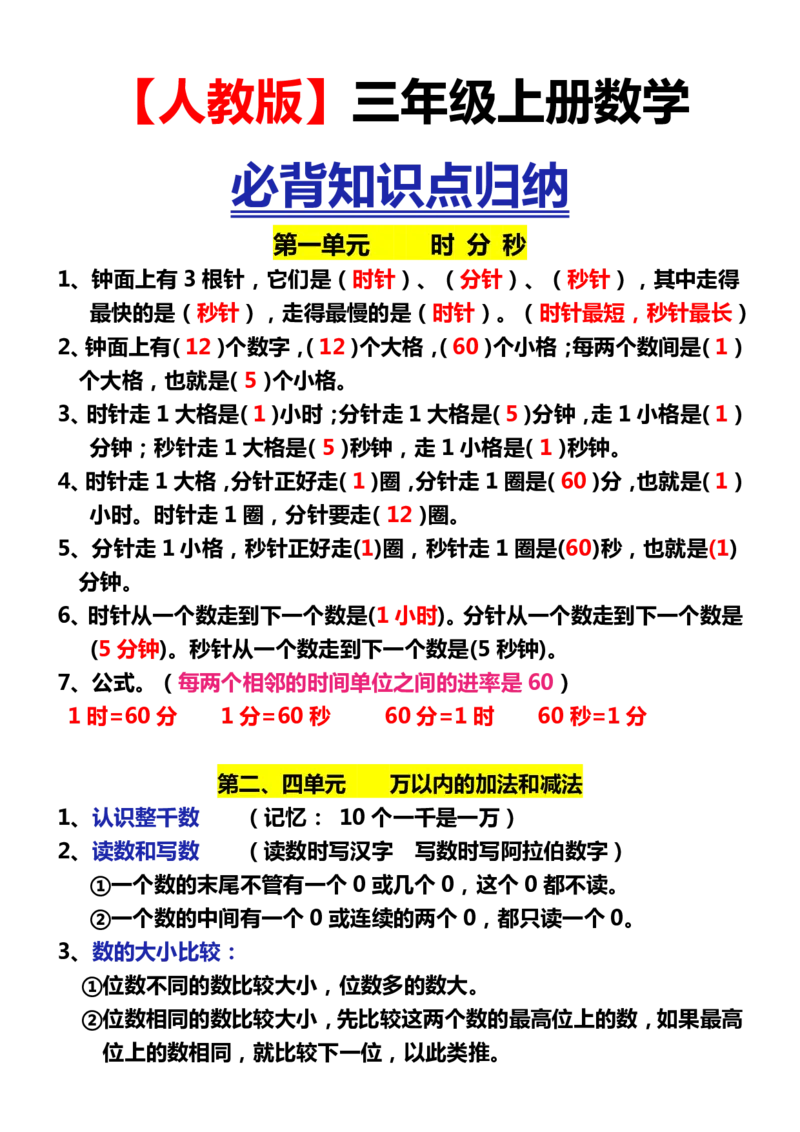 《三（上）数学（人教版）各单元知识点归纳_小学1-6年级全科全套_1-6年级全科上册_三年级_数学_三年级数学（人教版）_人教数学三上知识总结》第1页预览