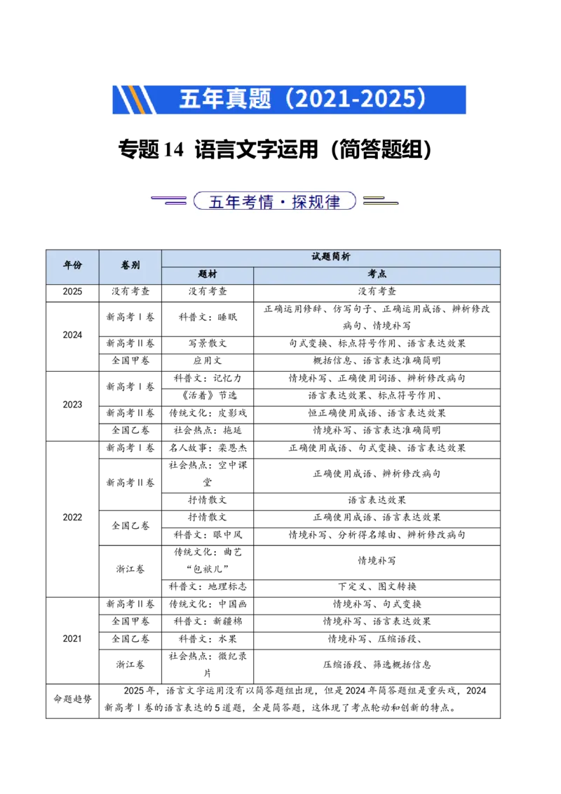 《专题14语言文字运用（简答题组）（全国通用）（学生版）_专项复习_2026年-语文专项复习_五年（2021-2025）高考语文真题分类汇编（全国通用）-C438》第1页预览