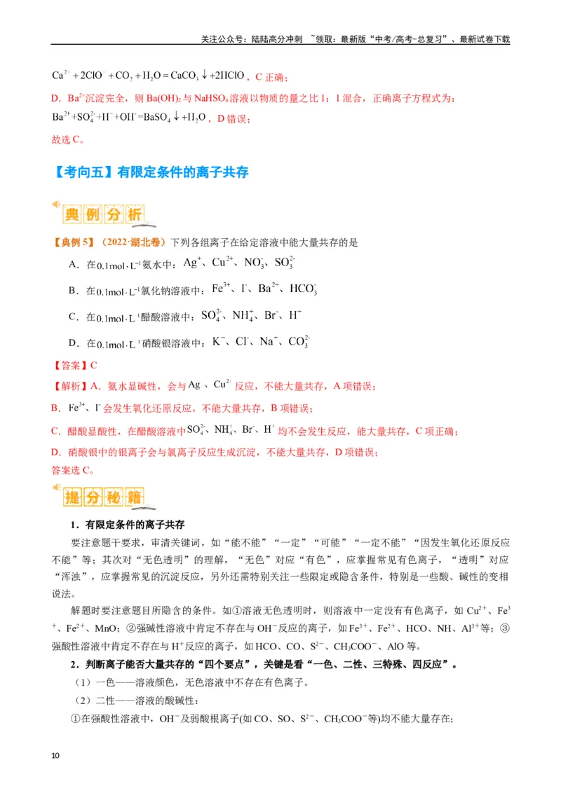 《题型03离子方程式正误判断离子共存、检验和推断（解析版）_05-化学-高考总复习_二轮复习_2024年_2024年新高考化学二轮复习热点题型归纳与变式演练》第10页预览