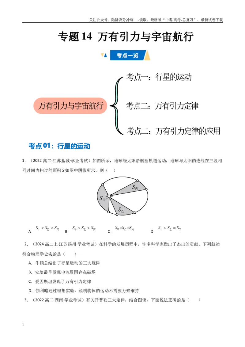《专题14万有引力与宇宙航行（学生版）_04-物理-高考总复习_专项复习_2025年_2025年高中学业水平合格考物理真题分类汇编（全国通用）》第1页预览