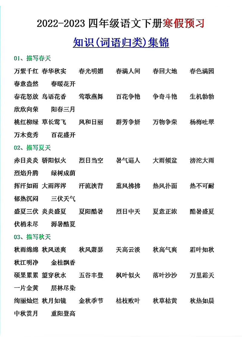 《四年级下册知识词语归类集锦_小学1-6年级全科全套_1-6年级全科下册_四年级_四年级下语文_语文四下重点考点总结》第1页预览