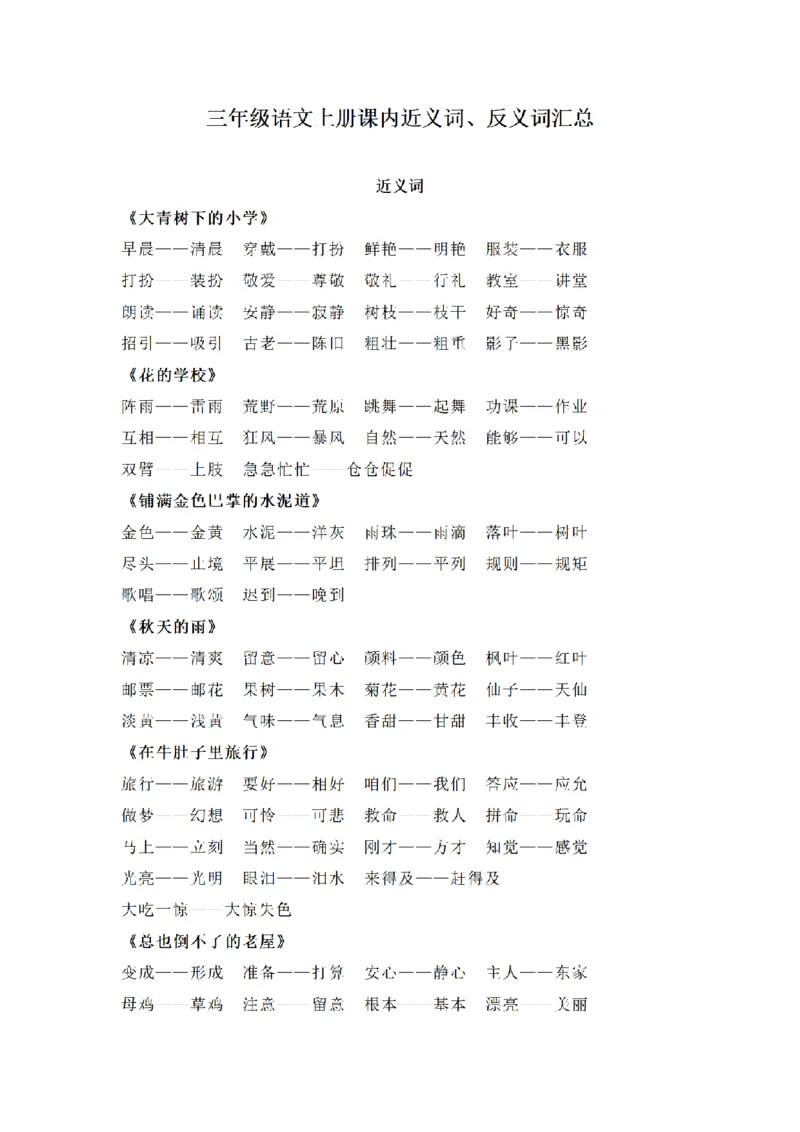 《三（上）语文课内近义词和反义词汇总_小学1-6年级全科全套_1-6年级全科上册_三年级_语文_语文三上各类考点归纳》第1页预览