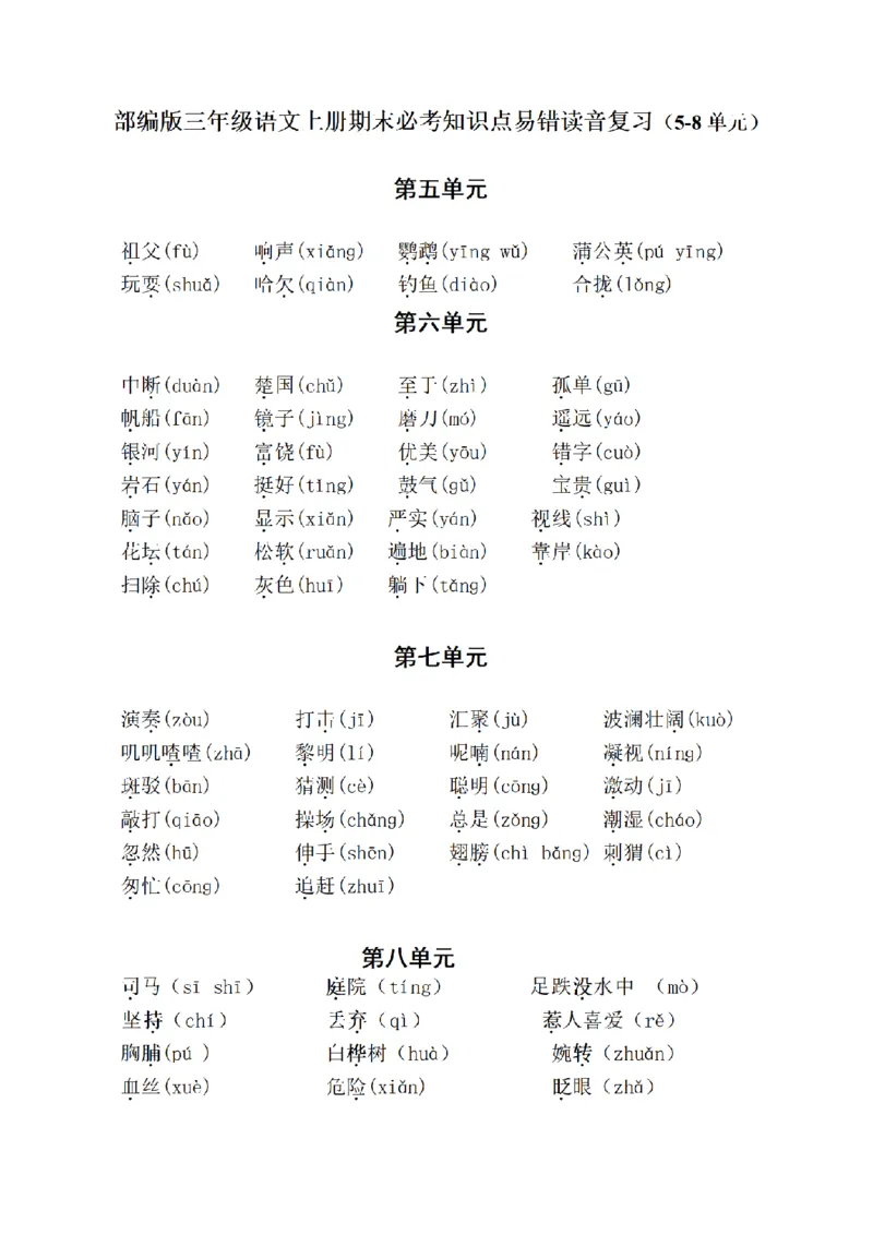 《三（上）语文易错读音分类复习（5-8单元）_小学1-6年级全科全套_1-6年级全科上册_三年级_语文_语文三上字词专项》第1页预览