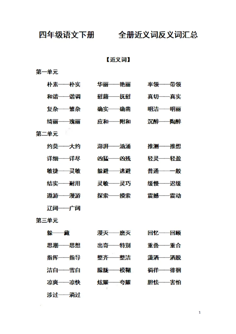 《四（下）语文：全册近义词反义词汇总(有答案)_小学1-6年级全科全套_1-6年级全科下册_四年级_四年级下语文_语文四下重点考点总结》第1页预览