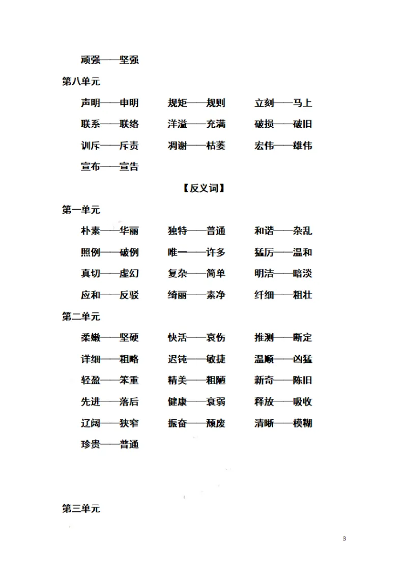 《四（下）语文：全册近义词反义词汇总(有答案)_小学1-6年级全科全套_1-6年级全科下册_四年级_四年级下语文_语文四下重点考点总结》第3页预览