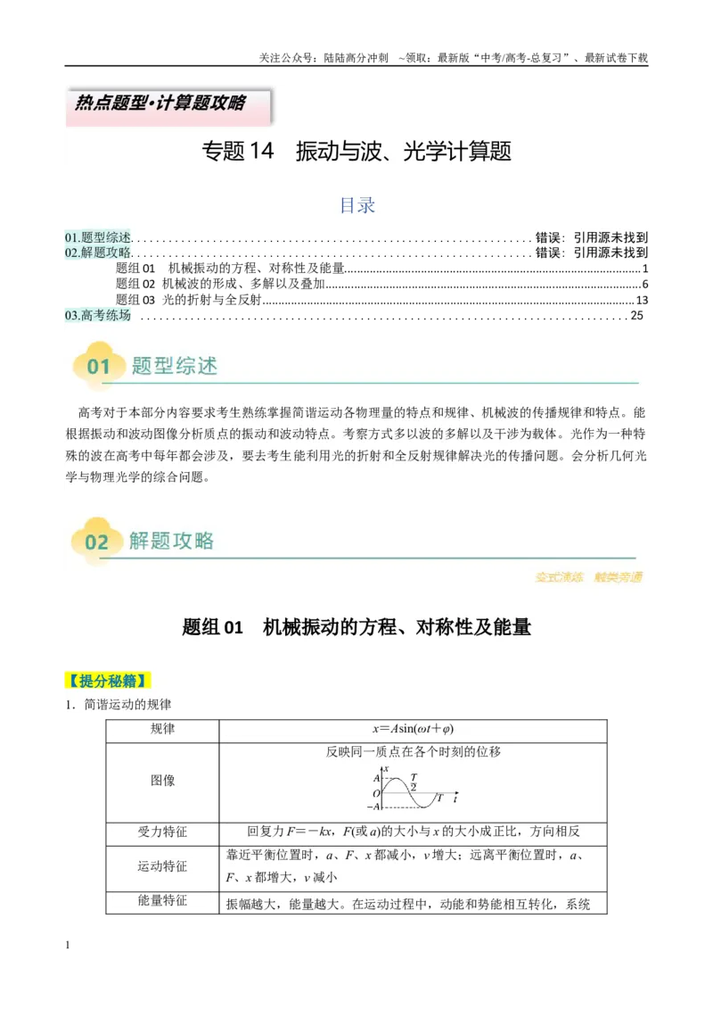 《专题14振动与波、光学计算题（原卷版）_04-物理-高考总复习_二轮复习_2025年_2025年高考物理二轮热点题型归纳与变式演练（新高考通用）》第1页预览