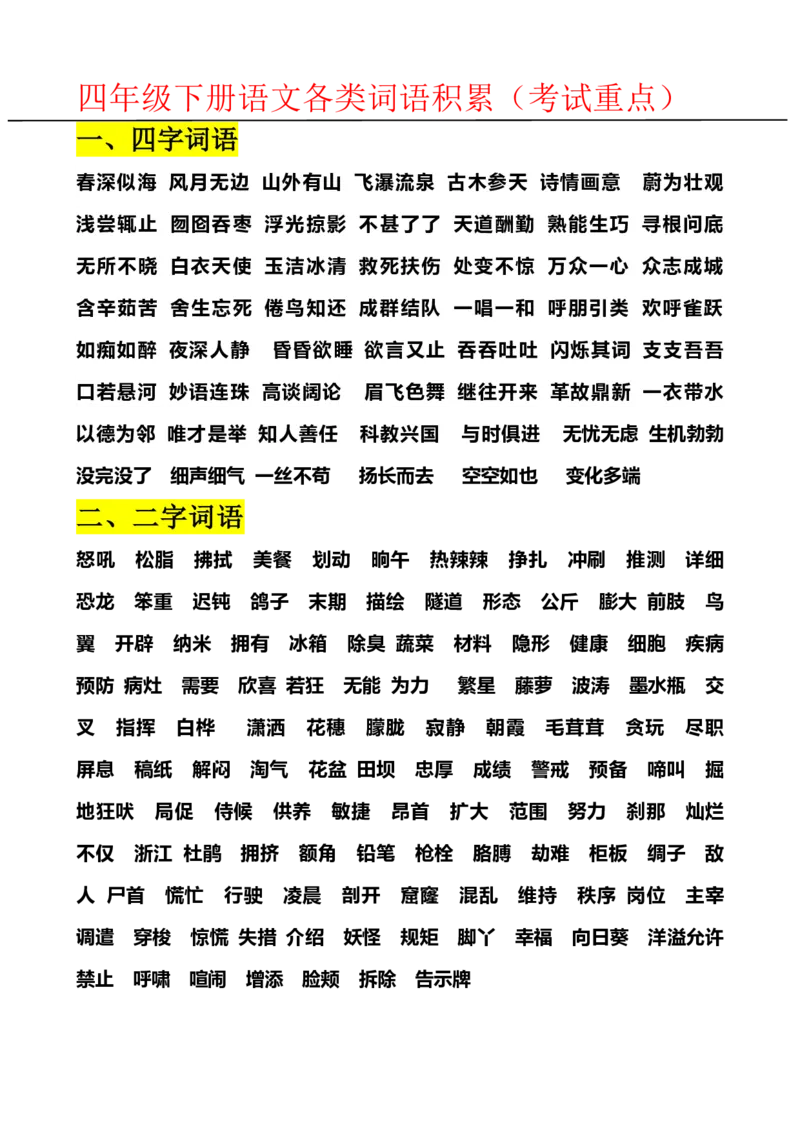 《四年级下册语文各类词语积累_小学1-6年级全科全套_1-6年级全科下册_四年级_四年级下语文_语文四下重点考点总结》第1页预览
